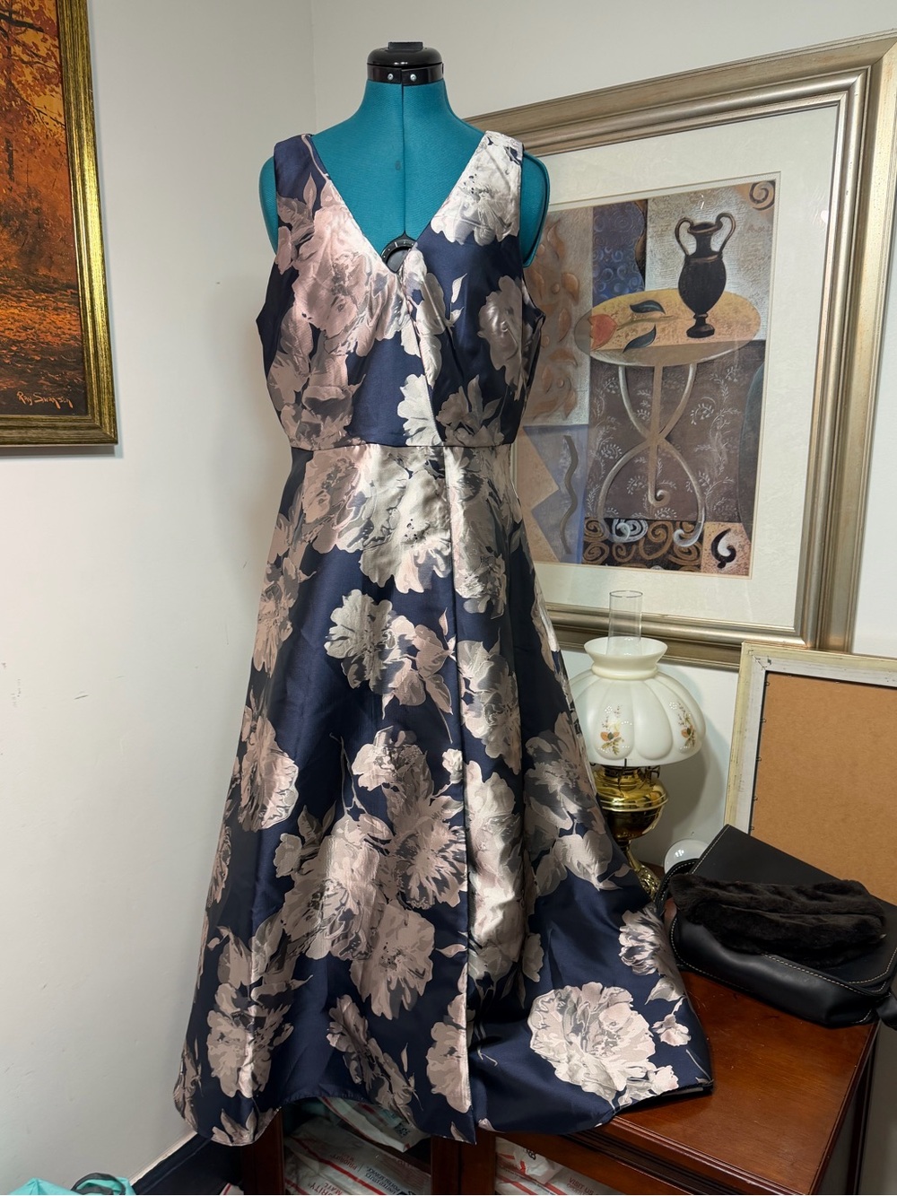 SLNY Navy Taupe Floral Hi-Low Sleeveless Evening Dress Size 10
